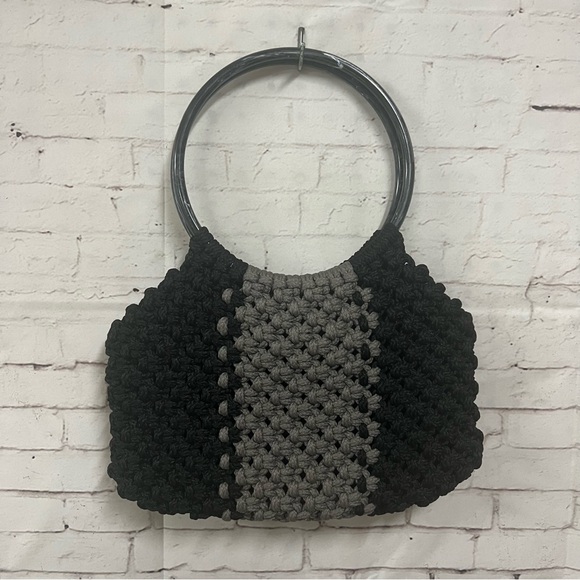 Vintage Macrame Handbag Purse Black Gray Bag Handmade Boho Round Handles MCM - Picture 12 of 13